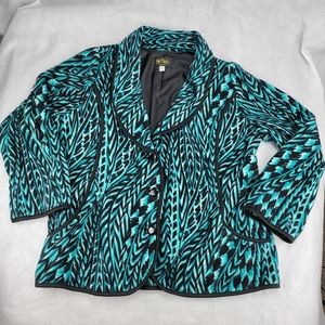 Bob Mackie Womens Blazer Jacket Green Black Geometric Buttons Shawl Lapel XL
